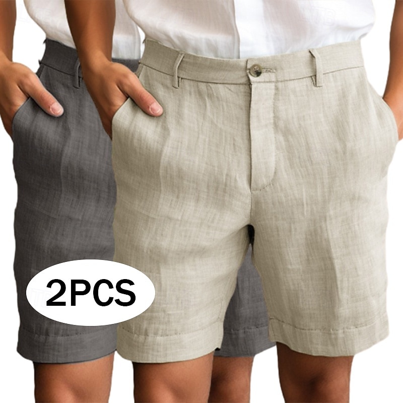 Men's Shorts Linen Shorts Dress Shorts Summer Shorts Beach Shorts Zipper Buttons Pocket Plain Comfort Breathable Knee Length Outdoor Daily Going out Fashion Classic Style Black+Grey White+Green