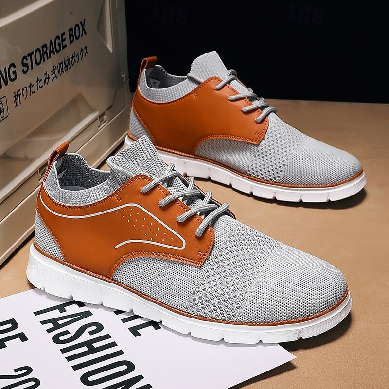 Men's Gray Knit Sneakers with Faux Leather Patch Lightweight Breathable Casual Walking Shoes Ideal for Spring Travel and Daily Wear2