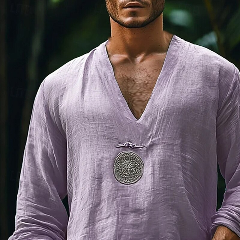 Men's Shirt Linen Shirt Popover Shirt Summer Shirt Beach Wear Ethnic Shirt Plain Vacation Street Purple Khaki Long Sleeve V Neck Summer Spring Clothing Apparel2