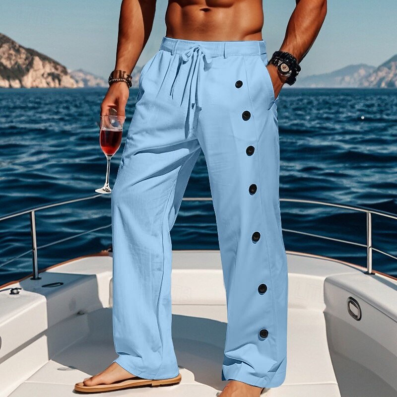 Men's Linen Pants Trousers Summer Pants Baggy Pants Beach Pants Drawstring Side Button Straight Leg Plain Comfort Breathable Full Length Casual Daily Holiday Vacation Fashion Black White4