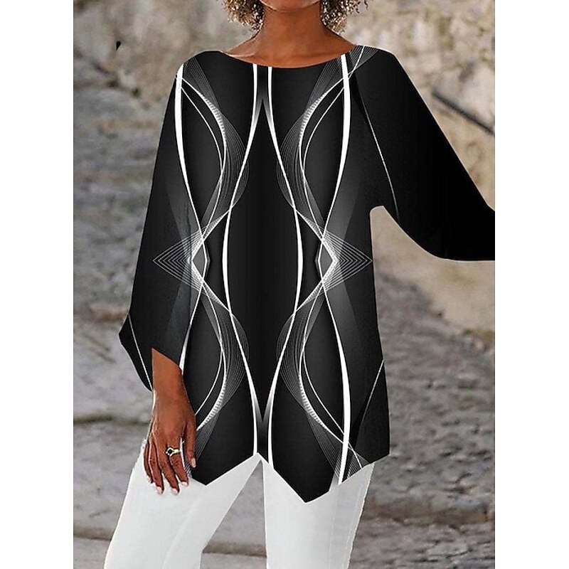 Women's Blouse Butterfly Print Daily Stylish Long Sleeve Crew Neck Regular Tops Daily Holiday Print Asymmetric Hem Silver Black and gray Black Summer Spring2