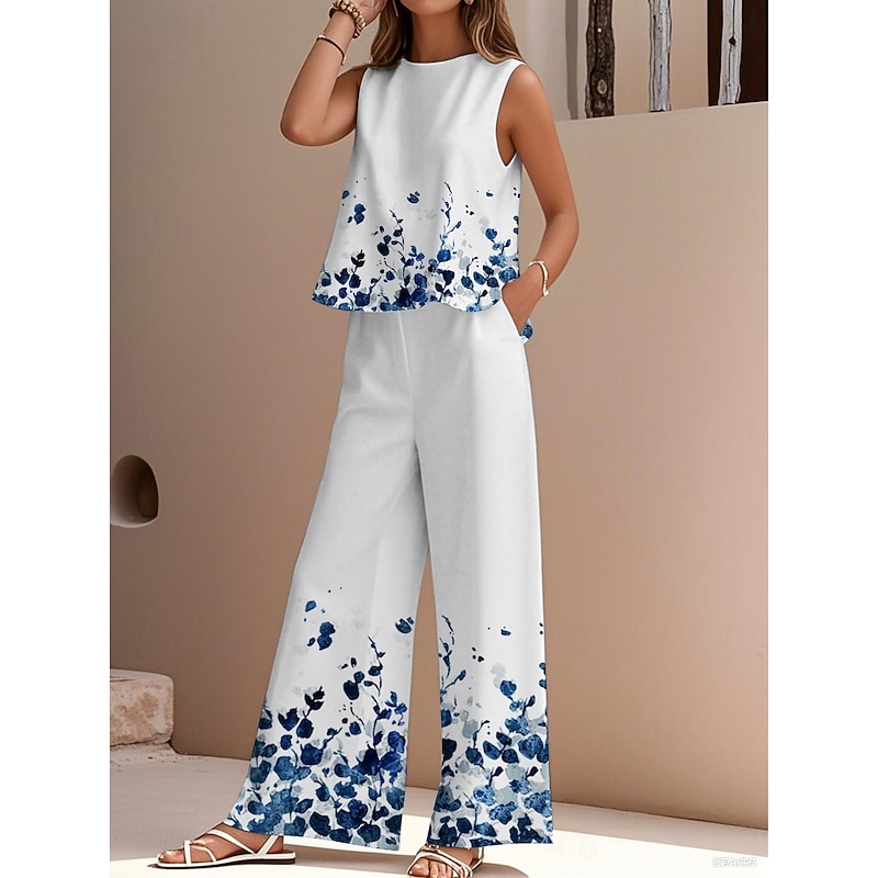 Women's Elegant Fashion Streetwear Two Piece Sets Blouse Vest Pants Trousers Sleeveless Crew Neck Outdoor Work Casual Floral Print Vacation Daily Holiday White Royal Blue Blue Summer Regular Fit3