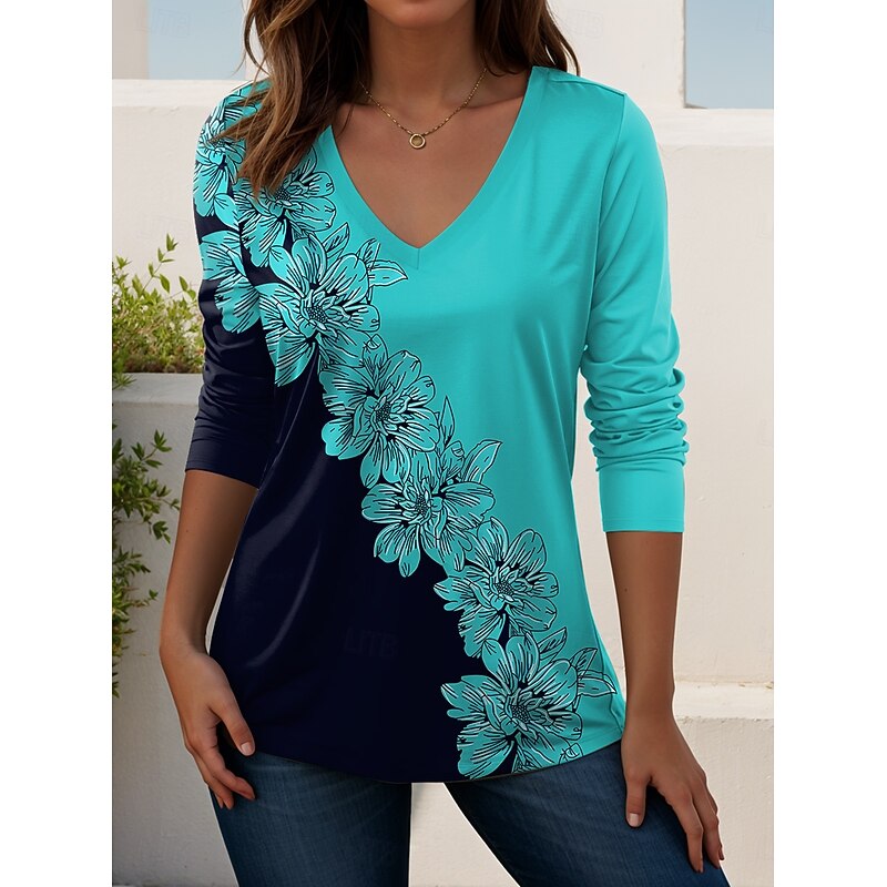 Women's T shirt Long Sleeve V Neck Long Sleeve Tunic Floral Graphic Plants Vintage Stylish Classic Tops Daily Going out Weekend Print Light Green Blue Sky Blue Purple Green Spring Fall Prefall
