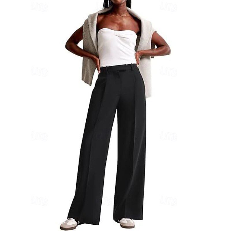 Women's Wide Leg Dress Pants Fashion Work Full Length Natural Plain Zipper Outdoor Comfortable Formal Office / Career Dark-Gray Wine Apricot Grey Fall Regular Fit3