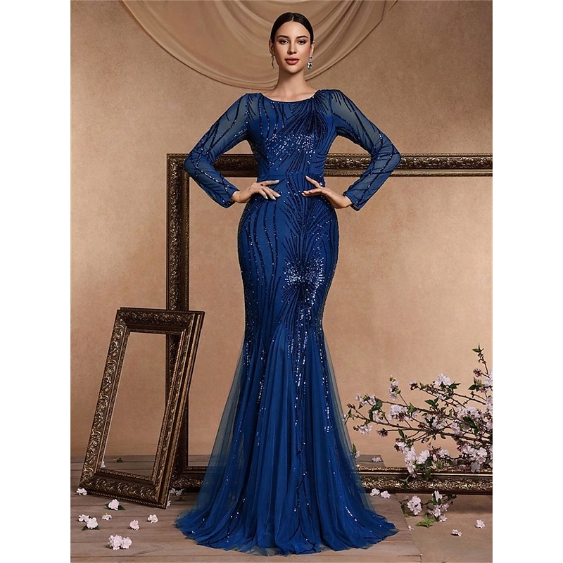 Mermaid / Trumpet Quinceanera Dresses Elegant Dress Formal Wedding Floor Length Long Sleeve Crew Neck Polyester with Sequin2