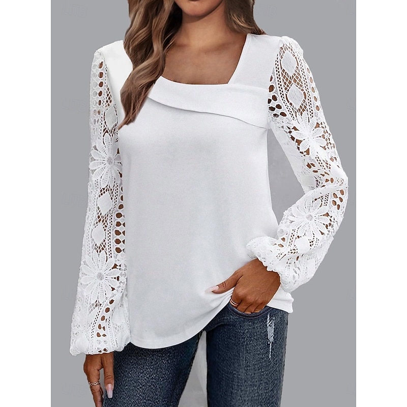 Women's White Elegant Lace Tops Eyelet Blouse Casual Solid Color Regular Tops Long Sleeve Asymmetrical Lace Patchwork Regular Fit Daily Black White Pink Romantic Petite Tops Summer Holiday Wear