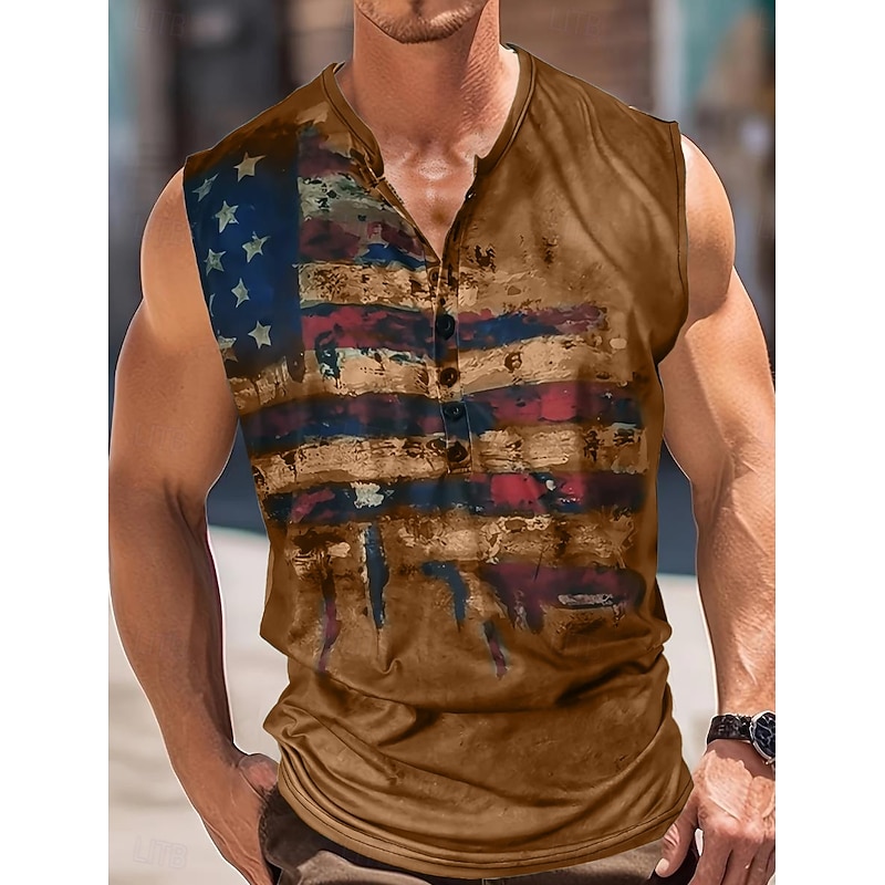 Men's American Flag Tank Top Henley Shirt Sleeveless Vintage Fashion Designer Outdoor Casual Daily Summer Spring &  Fall Green Brown Gray Henley Henley T-Shirt4