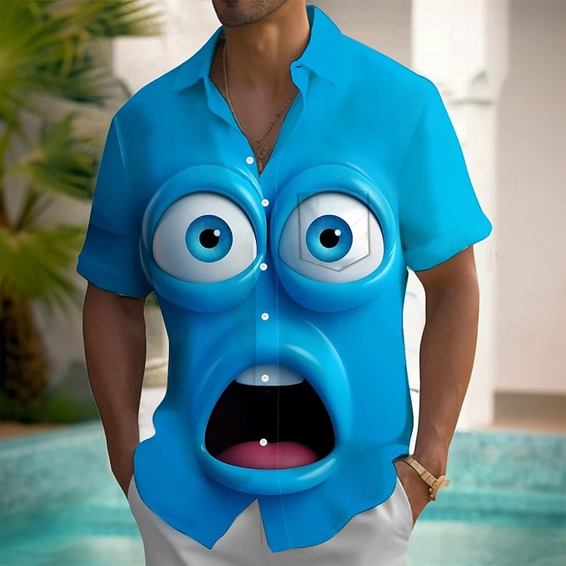 Men's Cartoon Funny Smile Face Shirt Summer Shirt Button Up Shirt Short Sleeve Fashion Casual Outdoor Vacation Dailywear Summer Spring Turndown 3D Print Collared Shirts Front One Pocket Yellow Blue