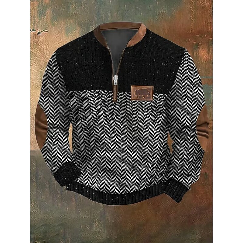 Men's Sweatshirt Quarter Zip Sweatshirt Black Army Green Navy Blue Gray Half Zip Color Block Cow Ribbed Textured Knit-texture Sports & Outdoor Daily Holiday Polyester Streetwear Casual Spring &  Fall2