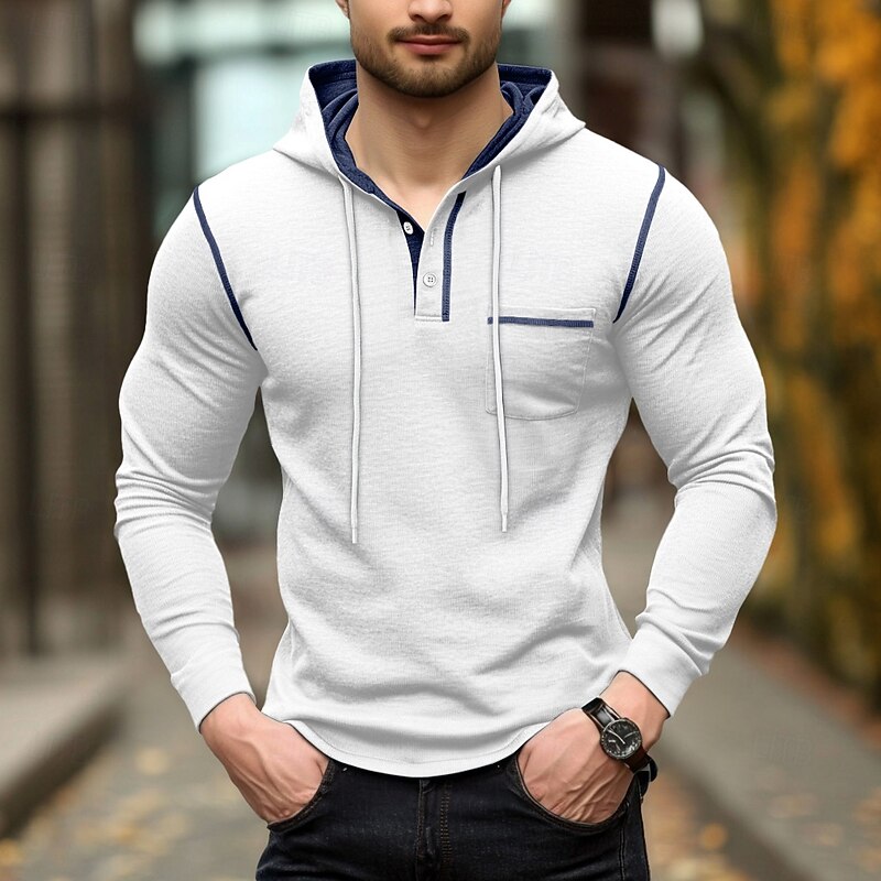 Men's T Shirt Henley Hoodie Long Sleeve Hooded Henley Spring &  Fall Solid Color Knitwear Daily Outdoor Pocket Outdoor Causal Casual Dark Grey Navy Black Top Tee for Men