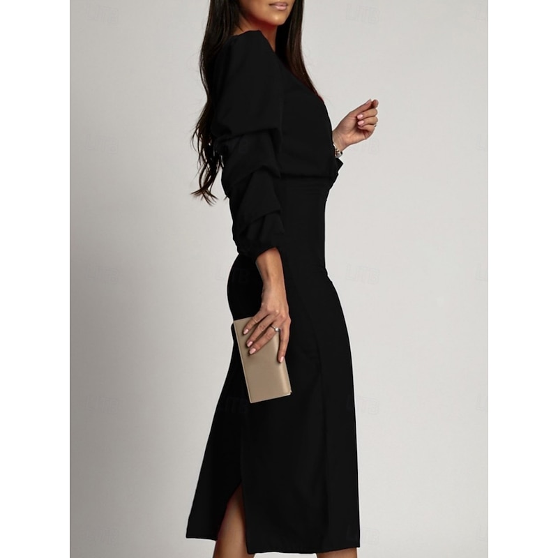 Women's Midi Dress Bodycon Dress Work Dresses Semi Formal Office Regular Fit Plain Long Sleeve V Neck Black Green Summer4