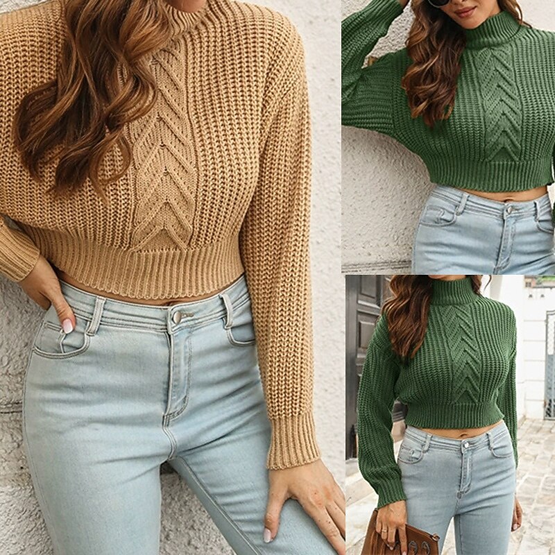 Women's Pullover Casual Solid Color Chunky Turtleneck Knitted Long Sleeve Crop Tops Knit Daily Holiday Going out Brown Green Fall Winter