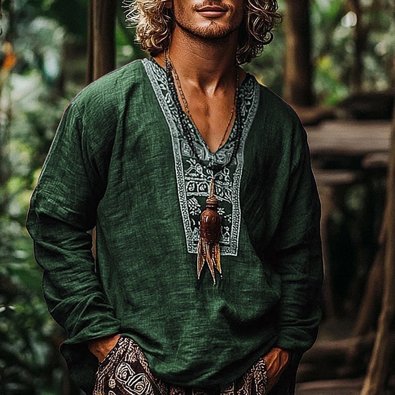 Men's Shirt Linen Shirt Popover Shirt Summer Shirt Beach Wear Retro Shirts Ethnic Vacation Holiday Wine Brown Green Long Sleeve V Neck Summer Spring Clothing Apparel Loose Fit4