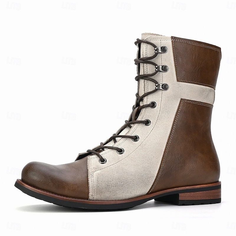Men's Two-Tone Faux Leather Lace-Up Boots Vintage Mid-Calf Combat Style for Casual Wear Work and Fall Outfits2