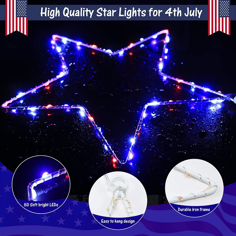 1 Pc Patriotic Hanging Lights Wrought Iron Red, White, Blue Five Pointed Star July 4th American Independence Day Showcase Courtyard Balcony Porch Party Patriotic Atmosphere Remote Control4