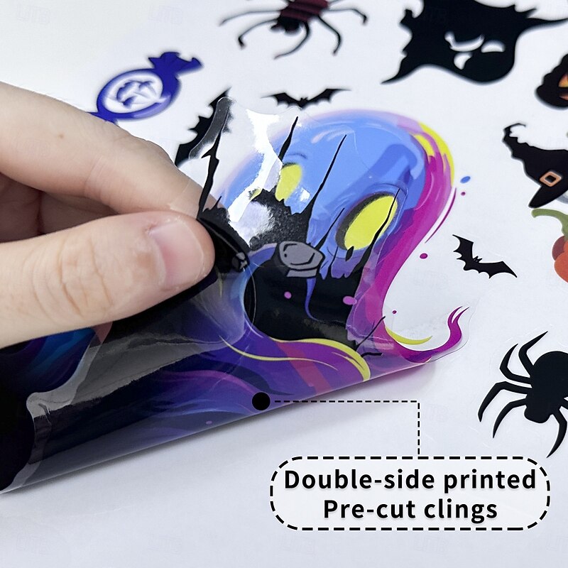 4 Sheets Halloween Window Cling Sticker Decals Decorations Double Side, Grim Reaper Skull Ghost Bat Spider Static Stickers for Halloween Party Supplies and Window Decor3