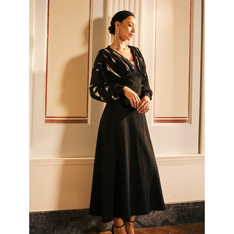 Women's Long Dress Sheer Feather Print Sleeves V-neck Black Festive Party Elegant Maxi Winter Fall Clothing Apparel4