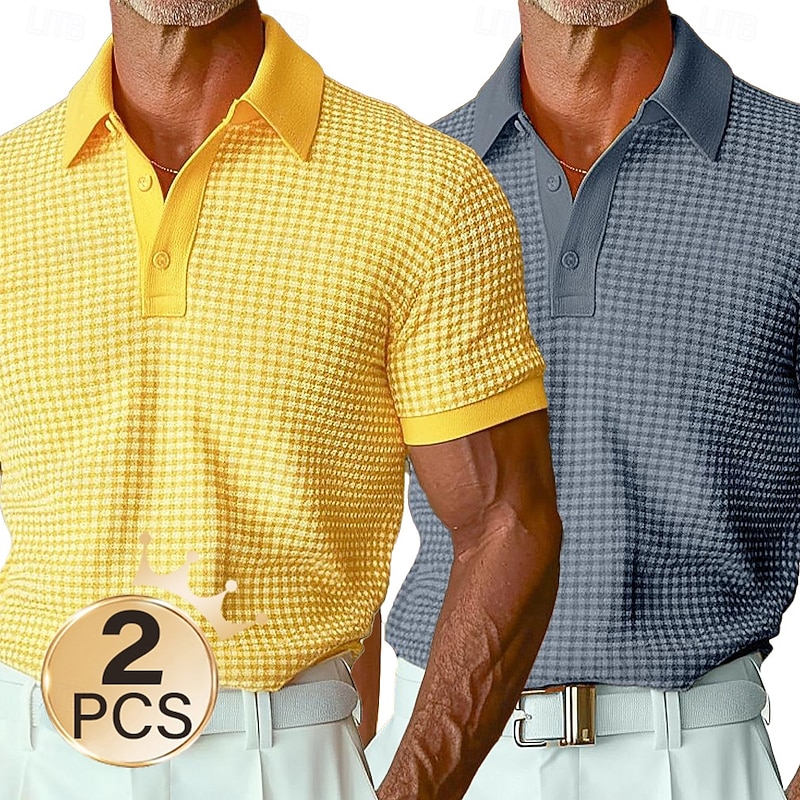 Men's  2Pcs Waffle Polo Shirts Vacation Casual Turndown Short Sleeve Vacation Leisure Plain Pocket  Summer3