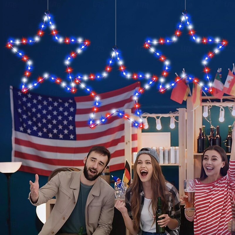 1 Pc Patriotic Hanging Lights Wrought Iron Red, White, Blue Five Pointed Star July 4th American Independence Day Showcase Courtyard Balcony Porch Party Patriotic Atmosphere Remote Control3