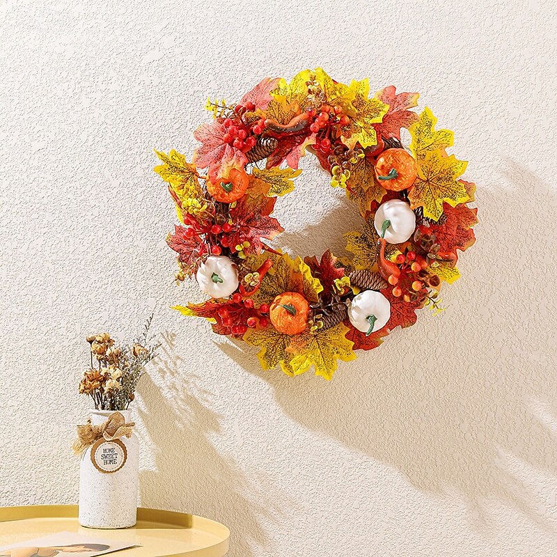 Fall Wreath for Front Door Thanksgiving Autumn Harvest Indoor Outdoor Decoration, Artificial White Pumpkin and Maple Leaf Wreath Window and Door Hanging Decor3