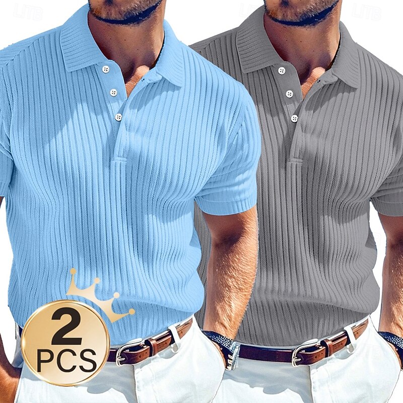 Men's Rib Knit Top Muscle Shirt Vacation Casual Lapel Classic Short Sleeve Basic Modern Solid Colored Buttons Summer Slim Fit Blue + White Blue + Red Blue + Gray Blue + Navy Navy + white Rib Knit Top3