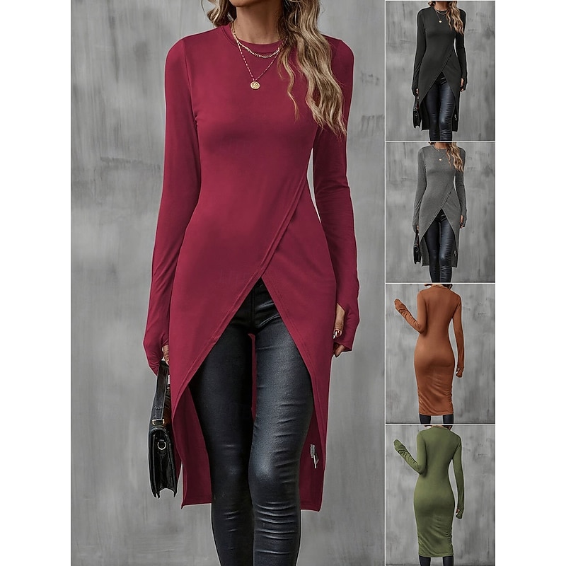 Women's Blouse Solid Color Stylish Casual Long Sleeve Crew Neck Long Tops Daily Ruched Black Wine Brown Green Gray Summer Spring