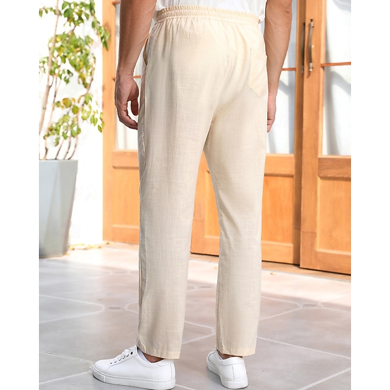 Men's Linen Pants Trousers Summer Pants Beach Pants Pocket Drawstring Elastic Waist Plain Comfort Breathable Vacation Daily Holiday Hawaiian Boho Beige4