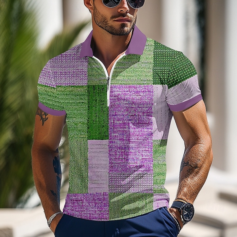 Men's Color Block Zip Polo Shirts Short Sleeve Polo Shirts Lapel Business Casual Outdoor Athleisure 3D Print Summer Blue Green Gray3