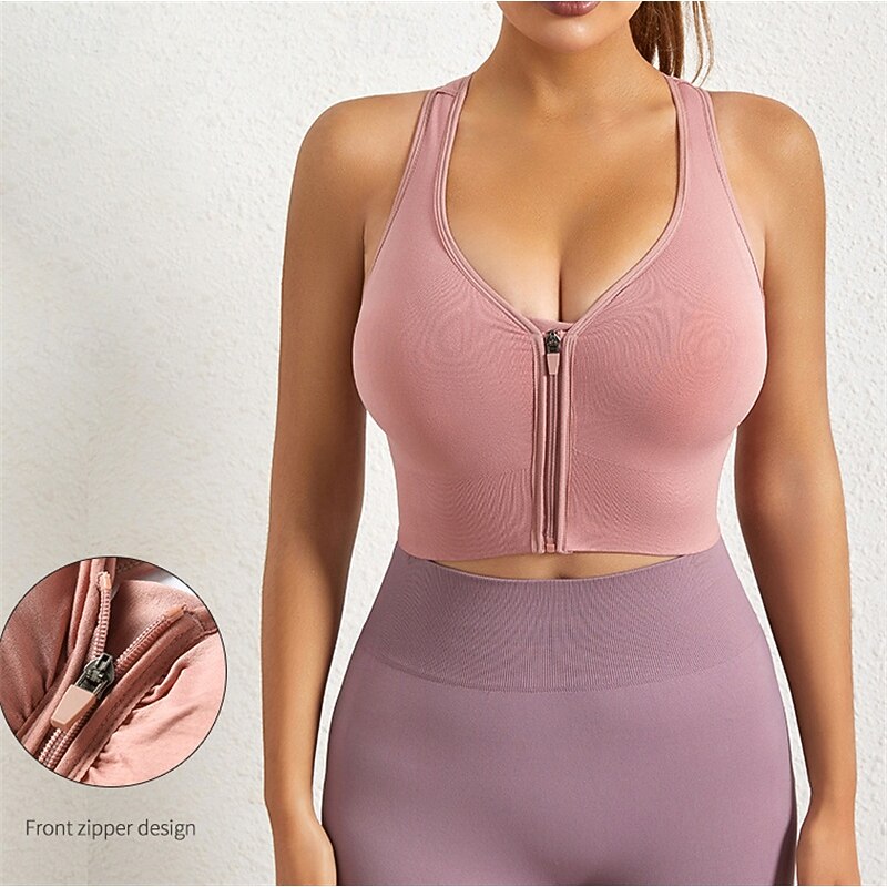 Women's Yoga Bra Pilates Bra Sports Bra Bra Top Push Up Seamless Anti-vibration Zipper Wireless Solid / Plain Color Sport Activewear Deep Purple Black Gym Zumba Running3