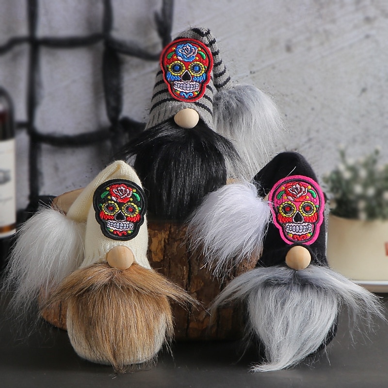 Day of the Dead Plush Skull Gnome Doll with Faux Beard, No-Face Stuffed Toy for Party Decoration, Spooky Festival Atmosphere Prop