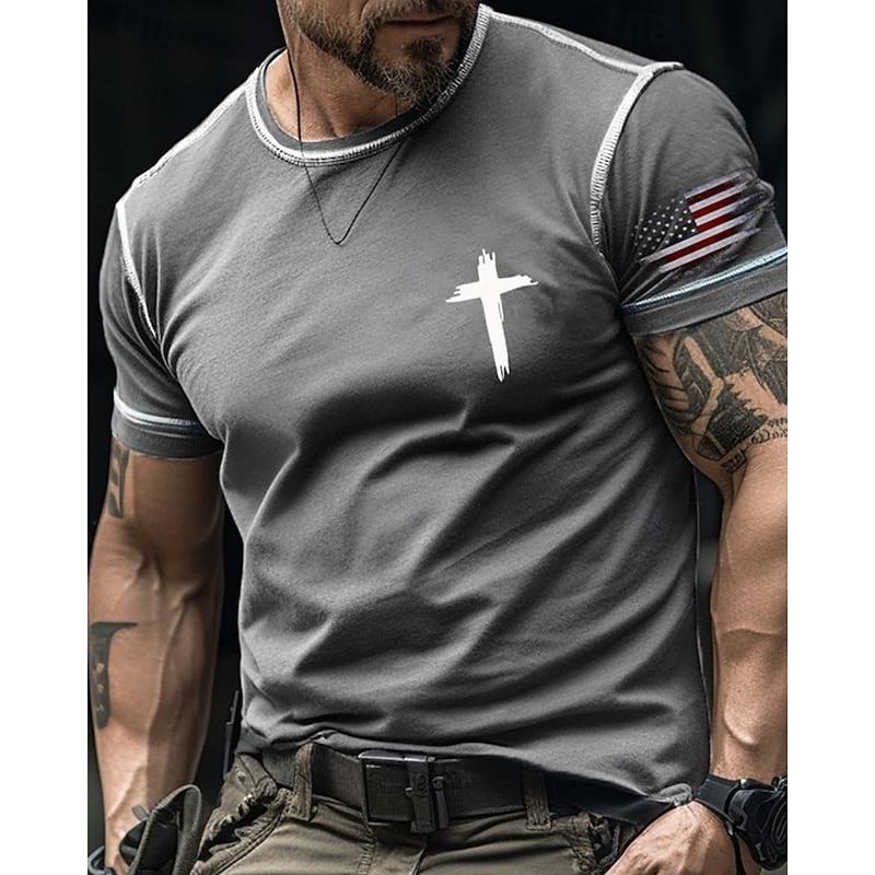 Men's T Shirt Tee Short Sleeve Shirt Tee Top Short Sleeve Crew Neck Summer American US Flag Cross Fashion Designer Basic Print Vacation Street Going out Black Red Orange Top Tee for Men