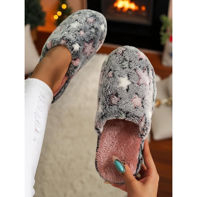 Women's Fuzzy Star Print Indoor Slippers – Cozy Faux Fur Winter House Shoes for Living Room, Bedroom & Holiday Mornings3