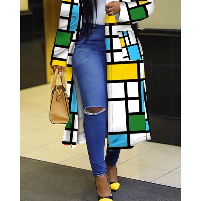 Women's Parka Comfortable Pocket Fashion Modern Geometric Outdoor Daily Open Front Long Turndown Regular Fit Long Sleeve Outerwear White Yellow Green Fall Winter4