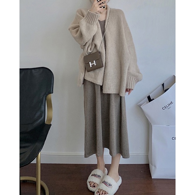 Women's Cardigan Casual Soft Solid Color Ribbed V Neck Knitted Long Sleeve Regular Tops Knit Holiday Going out Weekend Apricot Gray Fall3