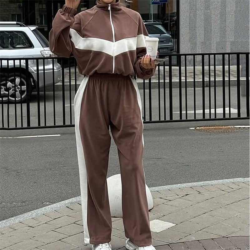 Women's Tracksuit Sweatsuit Activewear Set Pocket Color Block Clothing Suit Fall White Burgundy Gym Workout Sports Thermal Warm Windproof Soft Long Sleeve Sport Activewear Micro-elastic Regular Fit2