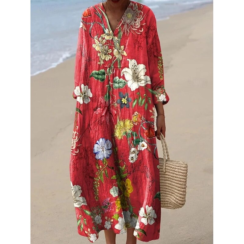 Women's Midi Dress V Neck Long Sleeve Kaftan Lightweight Loose Fit A Line Dress Casual Boho Party Going out Floral Graphic Long Sleeve V Neck Black Pink Red Green2