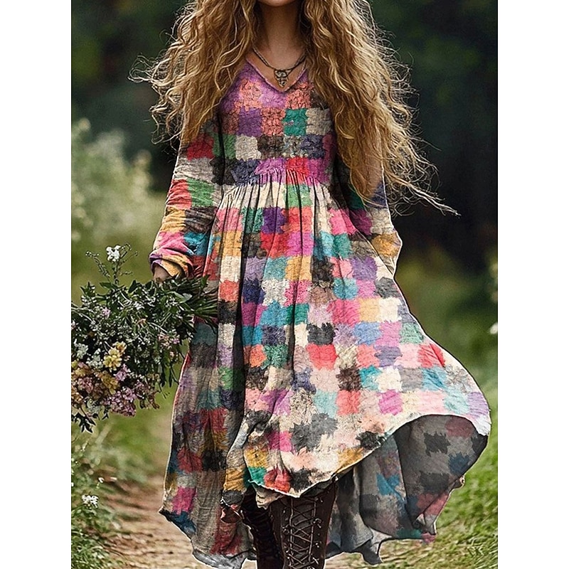 Women's Maxi Dress A Line Dress Vacation Casual Boho Going out Beach Loose Fit Floral Graphic Geometric Long Sleeve V Neck Pink Blue Orange Green Spring Fall2