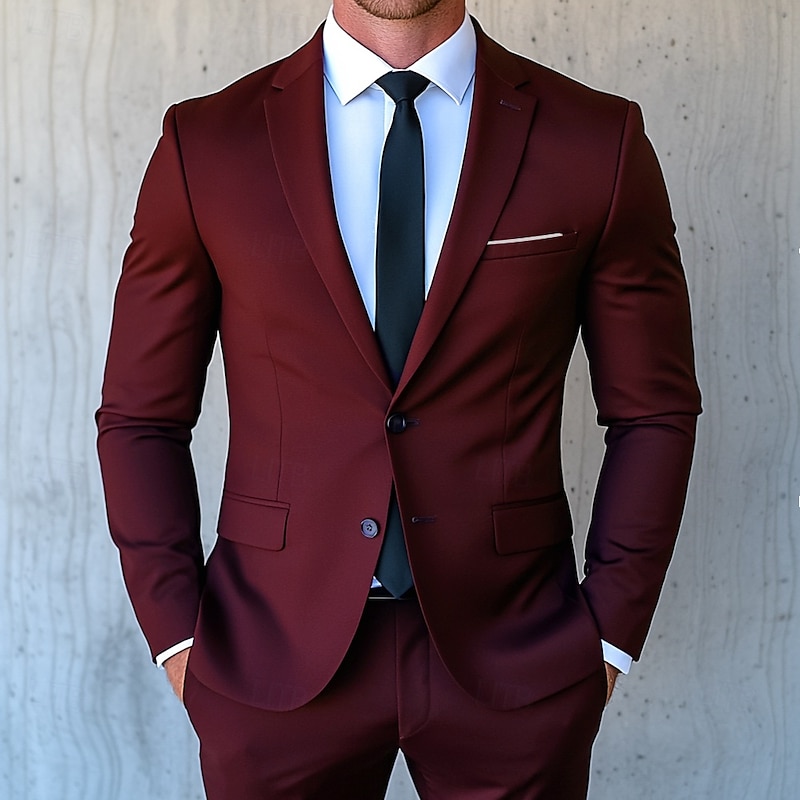 Men's Wedding Business Suits Notch Lapel Burgundy Daily Formal Solid Colored Standard Fit 2 Piece Single Breasted Two-buttons2