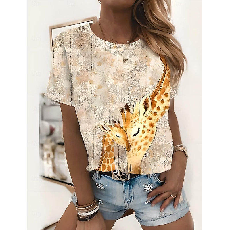 Women's T Shirt Graphic Animal Giraffe Vintage Stylish Classic Short Sleeve Crew Neck Round Neck Regular Tops Daily Weekend Print White Yellow Blue Orange Brown Summer Spring4