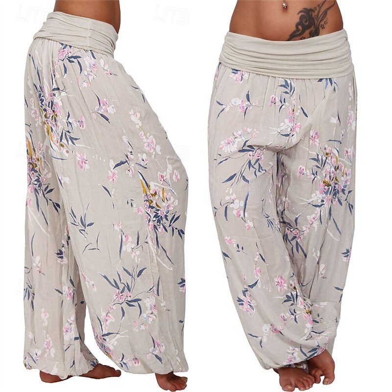 Women's Pants Trousers Harem Pants Palazzo Pants Fashion Boho Full Length Mid Waist Print Elastic Waist Comfy Comfortable Micro-elastic Street Daily Wear Going out White Yellow Light Green Pink