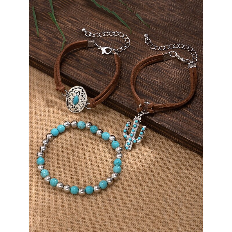 Women's Boho Turquoise Charm Bracelet Set with Leather Wrap and Cactus Pendant, Vintage Western Style Jewelry for Cowgirl Festival Outfits, Parties and Summer Holidays4