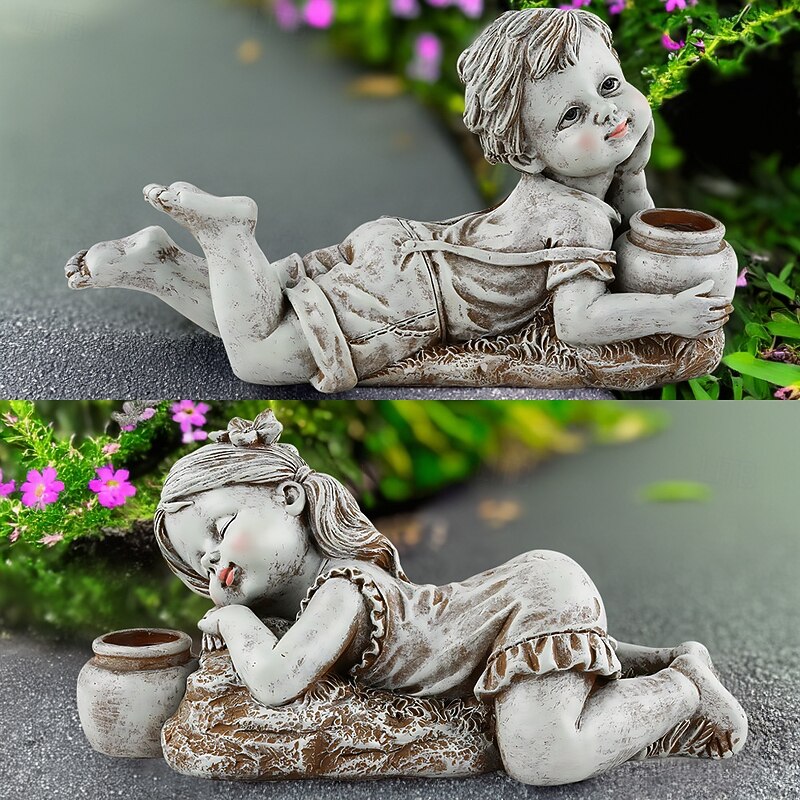 1 Pc New Solar Sleeping Cute Boy and Girl Tile Can Lamp Ornament Home Courtyard Lawn Landscape Decoration Light