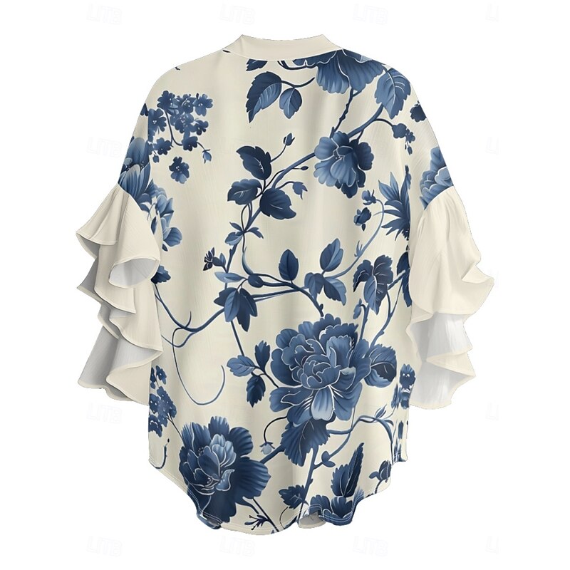 Women's Blouse Floral Stylish Modern 3/4 Length Sleeve V Neck Regular Tops Daily Holiday Ruffle Print Blue Orange Khaki Summer4