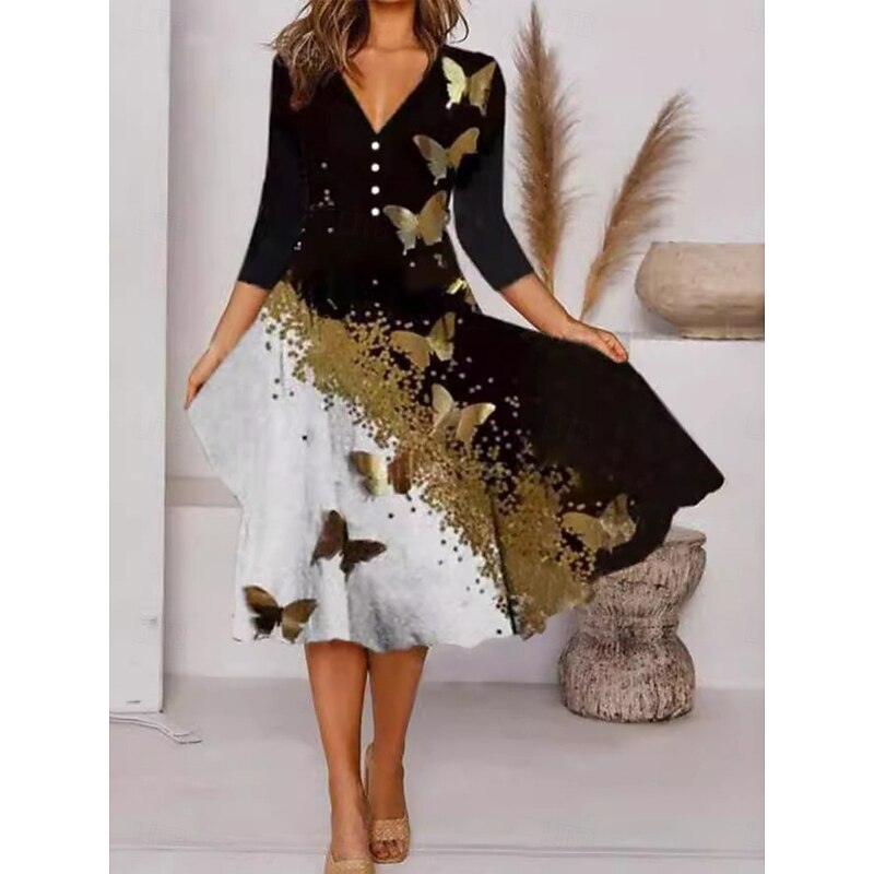 Women's Midi Dress A Line Dress Casual Outdoor Going out Standard Fit Floral Graphic 3/4 Length Sleeve V Neck Black White Red Spring Fall2