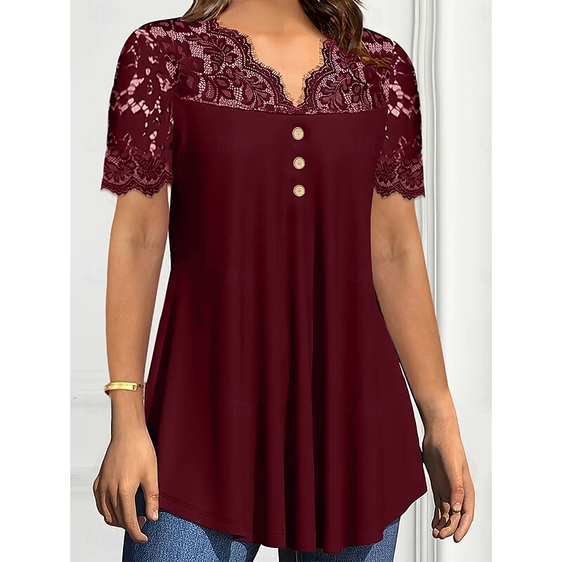 Women's Lace Shirt Solid Color Stylish Casual Short Sleeve V Neck Regular Tops Daily Lace Patchwork Buttons Black Wine Purple Summer Spring4