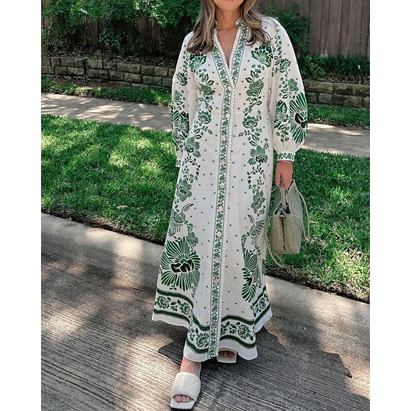 Women's Long Dress Maxi Dress Print Dress Fashion Modern Lantern Sleeve Outdoor Vacation Going out Regular Fit Flower Long Sleeve V Neck Blue Green Fall - Main Image
