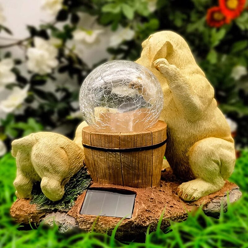 1 Pc Outdoor Solar Waterproof Two Puppies Luminous Spherical Statue Light Courtyard Garden Lawn Path Courtyard Resin Ornament Light Landscape Decoration Light3