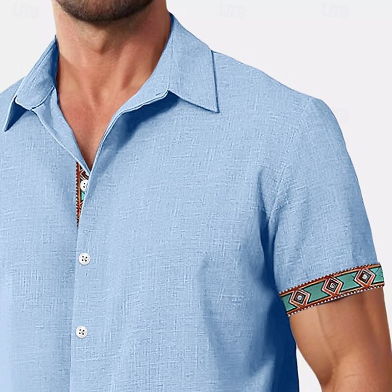 Men's Shirt Linen Shirt Summer Shirt Beach Wear Plain Vacation Casual Black White Blue Gray Short Sleeve Collar Summer Spring & Summer Clothing Apparel Color-Blocking3