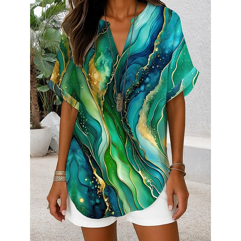 Women's Blouse V Neck Ombre Graphic Geometric Elegant Daily Stylish Short Sleeve Regular Tops Daily Holiday Black Light Green Blue Green Light Blue Summer Spring3