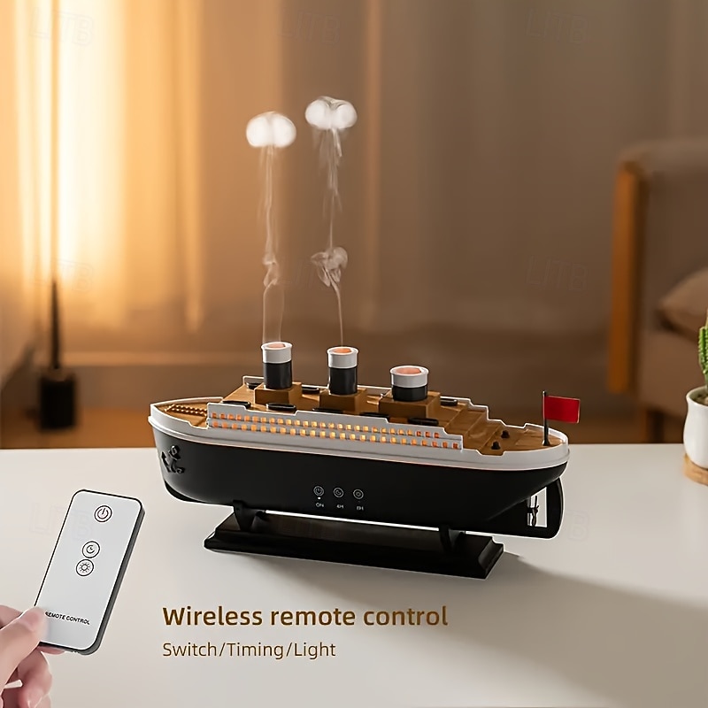 1 Pc Retro Steamboat Shaped Essential Oil Diffuser Humidifier Jellyfish Aromatherapy Machine Remote Control Timer Colorful Dimming Home Office Interior Decoration Festival Gift DC24V Plug
